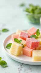 Colorful dye-free gummy bears on a plate with leaves.