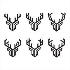 Deer head vector silhouette icon illustration. Set of deer head silhouettes for symbol, icon, and logo design. Deer horns, antlers. Vector graphics. Front view. Flat design style