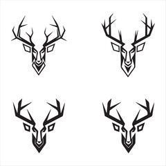 Deer head vector silhouette icon illustration. Set of deer head silhouettes for symbol, icon, and logo design. Deer horns, antlers. Vector graphics. Front view. Flat design style