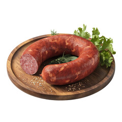 Smoked Sausage on a Wooden Plate with Fresh Greens