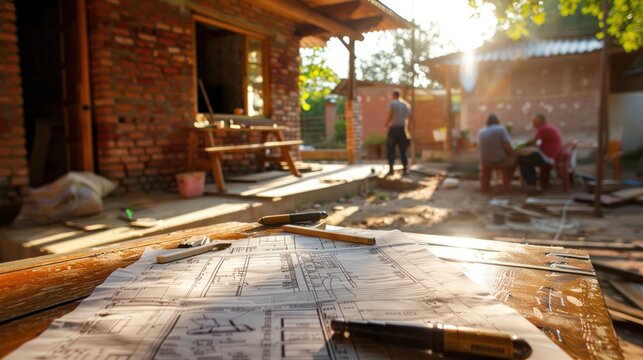 House Construction Site: Blueprint and Workers