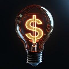 3D lightbulb with dollar sign filament glowing brightly innovation concept