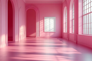 Fototapeta premium Sunlit Pink Room Interior Design with Arched Windows and Mockup Frame