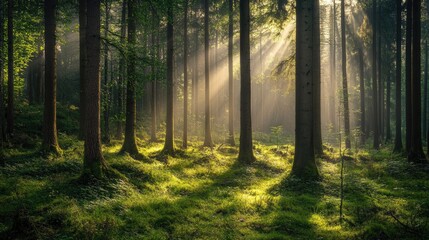 Obraz premium Sunbeams Dancing Through an Enchanting Forest