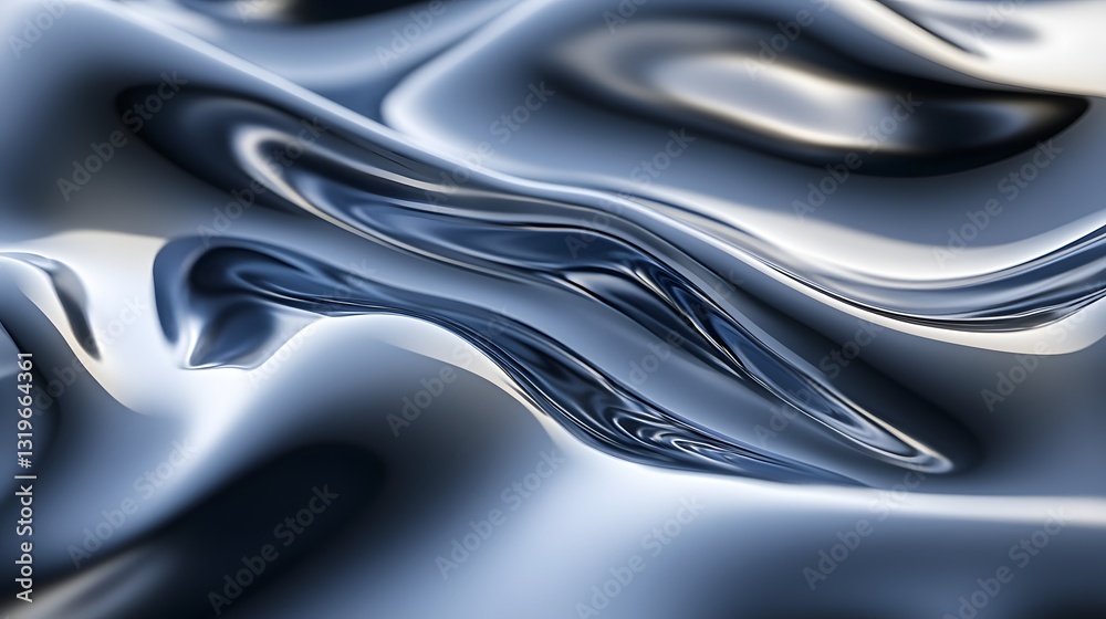 Poster fluid metallic waves create a mesmerizing abstract pattern, blending light and shadow with a sleek t