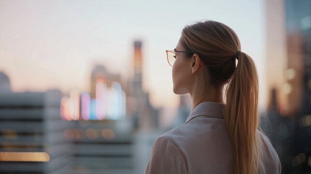 Woman leading a rooftop meeting with a city skyline and colorful charts