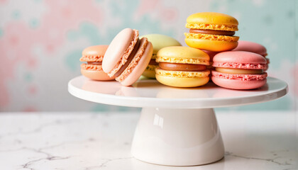 Colorful macarons displayed on cake stand in pastel kitchen, sweet delight