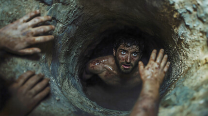 Joseph being thrown into a dark, empty well by his jealous brothers, with fear and shock on his face. Close up on Joseph face and hands while he holds not to fall.