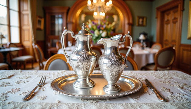 Elegant silver tea set on lace tablecloth in Victorian dining room, refinement