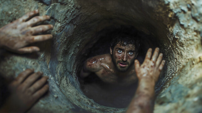 Joseph being thrown into a dark, empty well by his jealous brothers, with fear and shock on his face. Close up on Joseph face and hands while he holds not to fall.