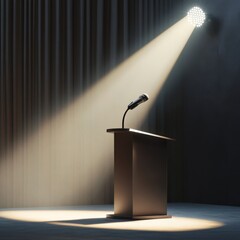 Modern podium with microphone in soft spotlight for conferences