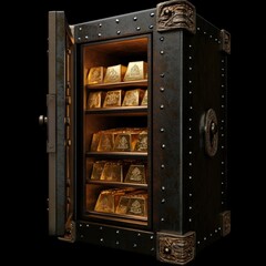 3D safe with open door gold bars inside