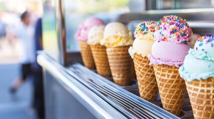 Colorful ice cream cones displayed in a vibrant outdoor setting, with people enjoying summer