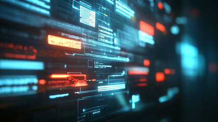 A Futuristic Digital Stream Of Data Flows Across The Screen, A Vibrant Symphony Of Glowing Blue And Red Code Illuminating The Dark, Showcasing The Power Of Technology In A High-tech, Dynamic Display
