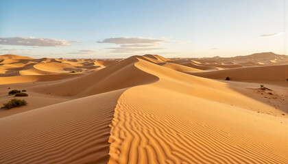 Serene desert landscape with rolling sand dunes at sunset, natural beauty