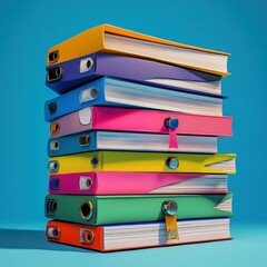 Colorful 3D stack of binders with paper texture