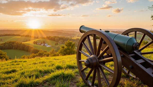 Vintage cannon on grassy hill at sunset, historical significance