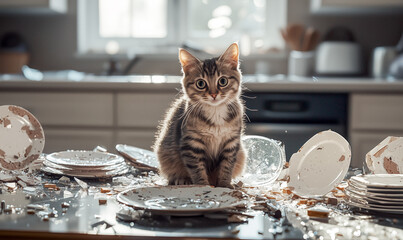 A curious tabby cat sits on a kitchen table surrounded by shattered plates and broken dishes. Sunlight streams through the window, highlighting the mess.