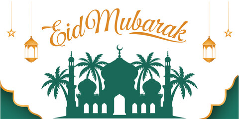 Obraz premium Eid Mubarak Celebration Card with Mosque Silhouette and Lanterns