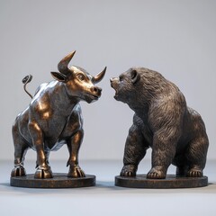 Dynamic 3D bronze bull and bear sculpture on display