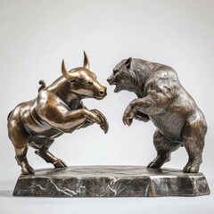 Dynamic 3D bronze bull and bear sculpture on display