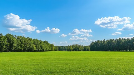Obraz premium Lush Green Field Under Clear Blue Sky with Soft Clouds and Tree Line in Background, Perfect for Nature and Outdoor Themes in Stock Photography