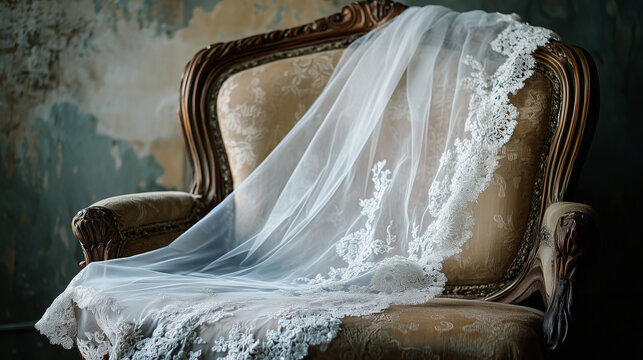 Handmade wedding veil with delicate embroidery, draped over an ornate Victorian chair.