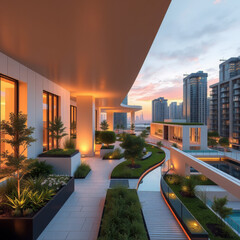 Fototapeta premium Modern Rooftop Garden with City Skyline at Sunset, Urban Architecture and Green Space