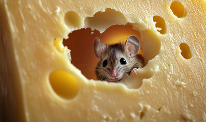 A small dormouse peers through a hole in a semi-hard Jarlsberg cheese. The pale yellow block has smooth texture and signature round holes.