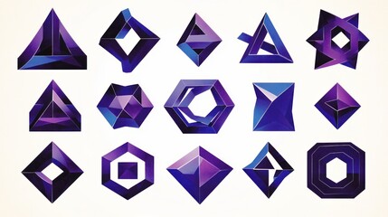 Collection of abstract 3D geometric shapes in purple hues.