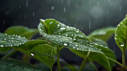 Raindrops Glistening on Plant Leaves After Rain 
