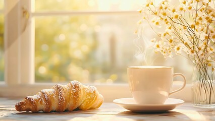 a cup of coffee with croissant next to window