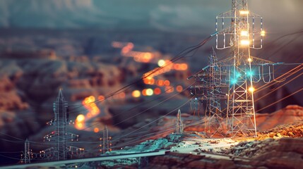 Illuminated Power Grid Background with Electric Towers at Sunset