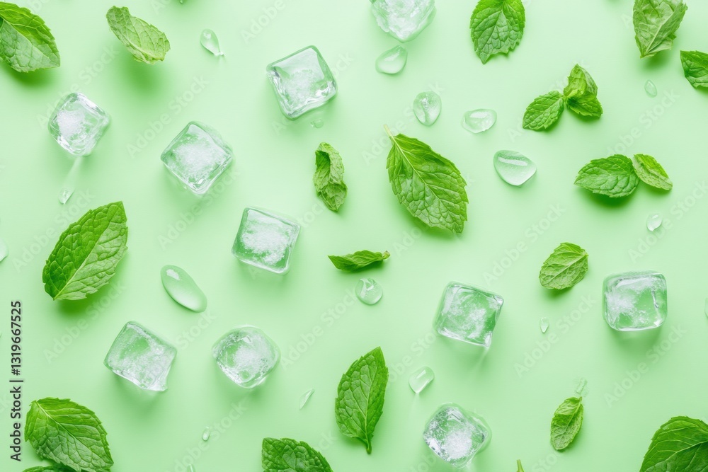 Poster Refreshing top view of ice cubes and mint leaves on a light green background showcasing summer vibes in a studio setting