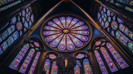 Stained Glass Rose Window in Gothic Church