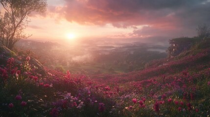 Majestic Sunrise Over Vibrant Flower Fields with Rolling Hills and Soft Clouds Illuminated by Early Morning Light in a Serene Natural Landscape