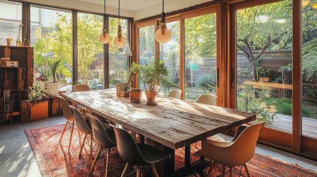A dining space featuring a table made from salvaged wood, mismatched vintage chairs, and pendant lighting with LED bulbs for energy efficiency..