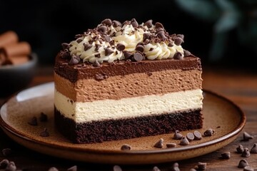 Decadent layered dessert with rich chocolate and creamy filling topped with whipped cream and chocolate chips Perfect for any celebration