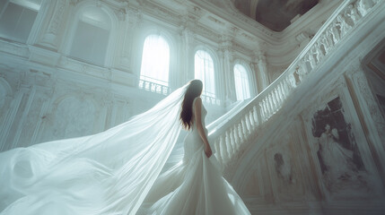 Beautiful bride with a long flowing veil, standing on a marble staircase in a majestic ballroom
