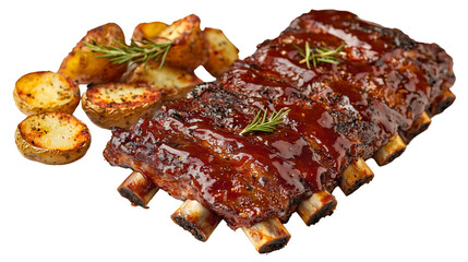 Tender, slow-roasted pork ribs glazed with barbecue sauce, served with a side of roasted potatoes.