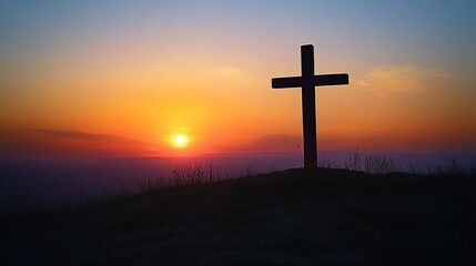 Naklejka premium Serene Sunrise: Silhouette of a Wooden Cross on a Hilltop, Peaceful Dawn, Spiritual Symbol, Christian Faith, Hope, Tranquility, Religious Icon, 