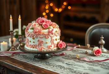 Delicious cake with intricate designs and vintage elements