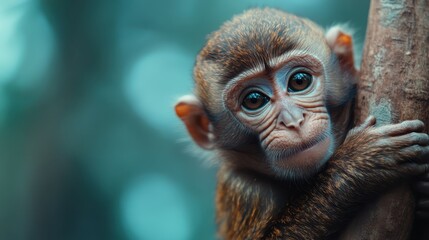 A captivating young monkey looking directly at the camera while perched on a tree branch, showcasing its curious expression and playful spirit in a vibrant habitat.