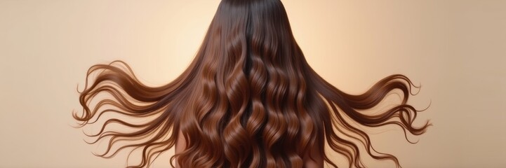 Fototapeta premium Flowing, wavy hair in warm brown tones captures elegance and beauty, perfect for hair care, fashion, and beauty marketing or editorial use.