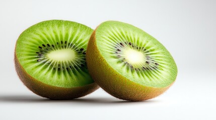 A close-up view of sliced kiwis resting on a neutral background, emphasizing their intricate patterns and rich green color, ideal for culinary and health imagery.