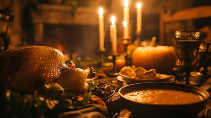 Obraz premium A delicious roasted turkey on a festive dining table setting