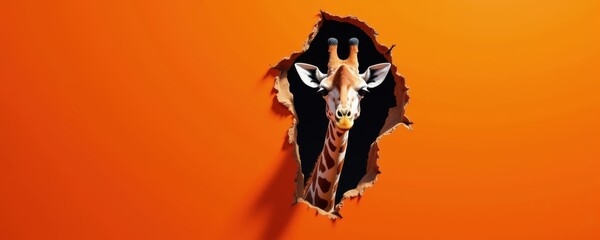 A playful giraffe peeks through a vibrant orange wall, creating a whimsical and daring visual perfect for creative projects.