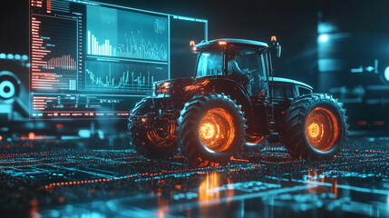 A Futuristic Tractor Stands Illuminated, A Symbol Of Technological Advancement In Modern Agriculture, Glowing With Vibrant Orange And Cyan Accents Against A Backdrop Of Dynamic Data Streams