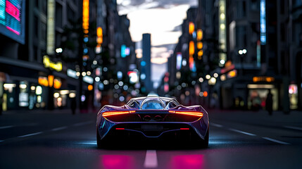 Naklejka premium Rear View Of A Sports Car Driving Down A Lit Urban Street At Night With Neon Lights And Reflections