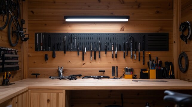 A well-organized workshop featuring various tool on a pegboard with wooden walls and a bright light